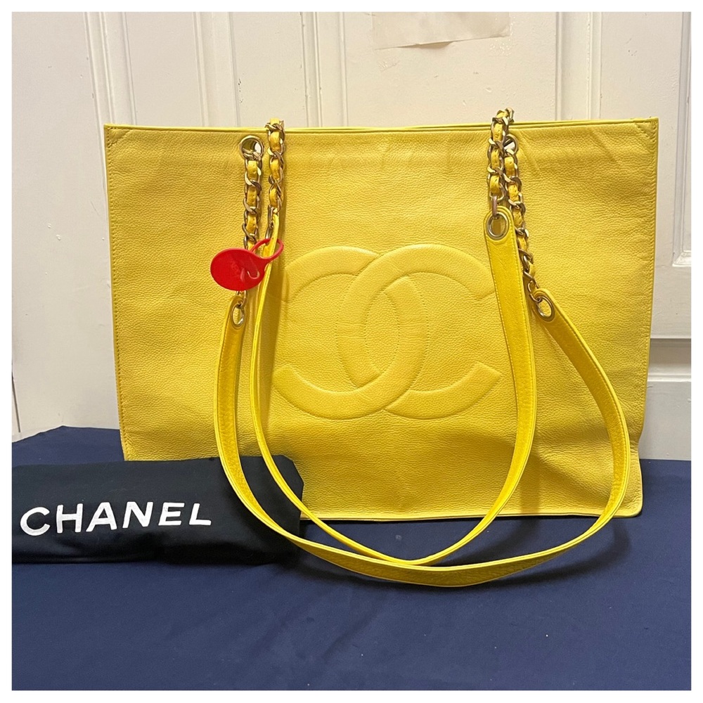 RARE Authentic Vintage Chanel Yellow Caviar Leather Large Women Tote Bag